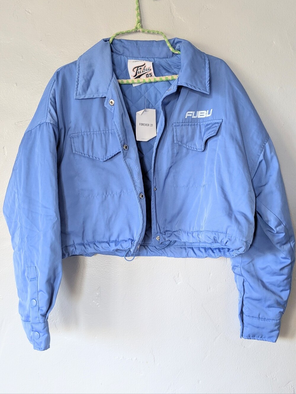 NWT Forever 21 x FUBU Cropped Quilted Jacket Light Blue Size Small